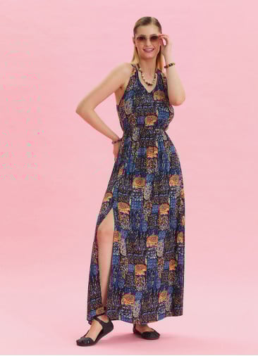 V Neck Slit Blue Casual Dress 4644